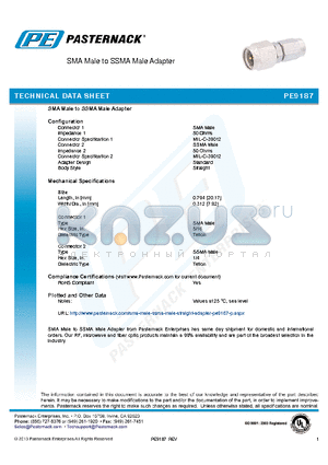 PE9187 datasheet - SMA Male to SSMA Male Adapter