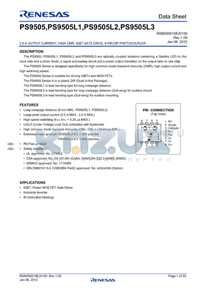 PS9505L2-E3 datasheet - 2.5 A OUTPUT CURRENT, HIGH CMR, IGBT GATE DRIVE, 8-PIN DIP PHOTOCOUPLER