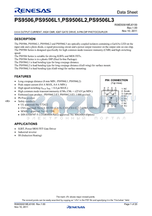 PS9506L1 datasheet - 0.6 A OUTPUT CURRENT, HIGH CMR, IGBT GATE DRIVE, 8-PIN DIP PHOTOCOUPLER