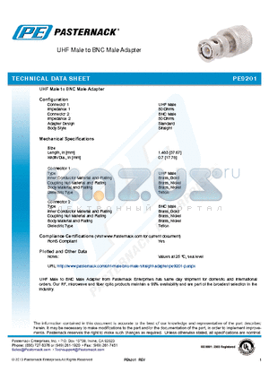 PE9201 datasheet - UHF Male to BNC Male Adapter