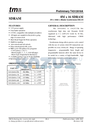 T4312816A-6S datasheet - 8M x 16 SDRAM