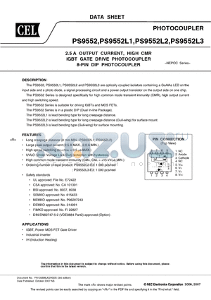 PS9552 datasheet - 2.5 A OUTPUT CURRENT, HIGH CMR IGBT GATE DRIVE PHOTOCOUPLER 8-PIN DIP PHOTOCOUPLER