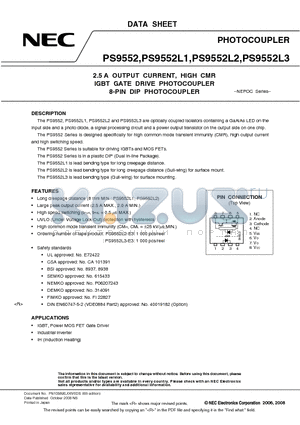 PS9552 datasheet - 2.5 A OUTPUT CURRENT, HIGH CMR IGBT GATE DRIVE PHOTOCOUPLER 8-PIN DIP PHOTOCOUPLER