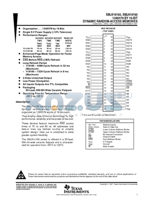 SMJ416160 datasheet - 1048576 BY 16-BIT DYNAMIC RANDOM-ACCESS MEMORIES