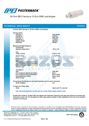 PE9231 datasheet - 50 Ohm BNC Female to 75 Ohm SMB Jack Adapter