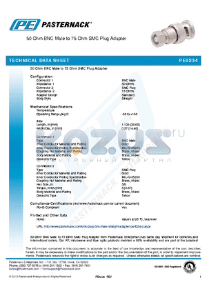 PE9234 datasheet - 50 Ohm BNC Male to 75 Ohm SMC Plug Adapter