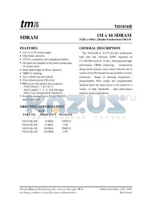 T431616B-10C datasheet - 1M x 16 SDRAM 512K x 16bit x 2Banks Synchronous DRAM