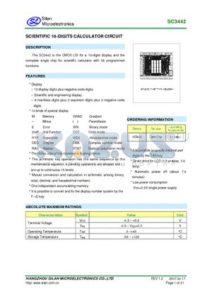 SC3442 datasheet - SCIENTIFIC 10DIGITS CALCULATOR CIRCUIT