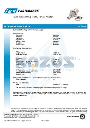 PE9241 datasheet - Bulkhead SMB Plug to BNC Female Adapter