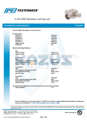 PE9245 datasheet - 75 OHM SMB TEE, JACK-PLUG-JACK