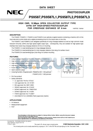 PS9587 datasheet - HIGH CMR, 10 Mbps OPEN COLLECTOR OUTPUT TYPE 8-PIN DIP HIGH-SPEED PHOTOCOUPLER FOR CREEPAGE DISTANCE OF 8 mm