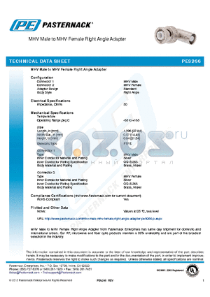 PE9266 datasheet - MHV Male to MHV Female Right Angle Adapter