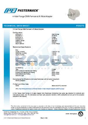 PE9275 datasheet - 4 Hole Flange SMA Female to N Male Adapter