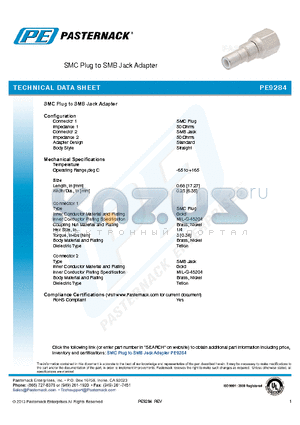 PE9284 datasheet - SMC Plug to SMB Jack Adapter