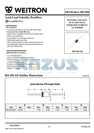 SR3100 datasheet - Axial Lead Schottky Rectifiers