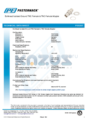 PE9287 datasheet - Bulkhead Isolated Ground TNC Female to TNC Female Adapter