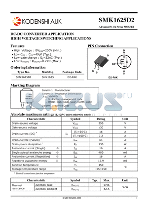 SMK1625D2 datasheet - DC-DC CONVERTER APPLICATION HIGH VOLTAGE SWITCHING APPLICATIONS