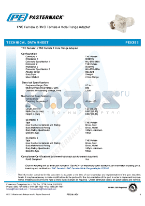 PE9288 datasheet - TNC Female to TNC Female 4 Hole Flange Adapter