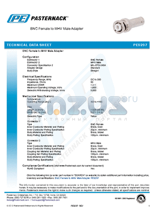 PE9297 datasheet - BNC Female to MHV Male Adapter