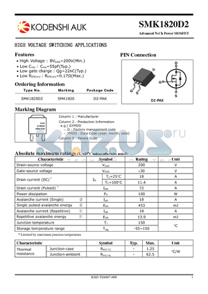 SMK1820D2 datasheet - HIGH VOLTAGE SWITCHING APPLICATIONS