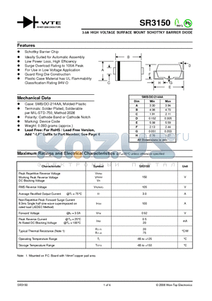 SR3150 datasheet - 3.0A HIGH VOLTAGE SURFACE MOUNT SCHOTTKY BARRIER DIODE