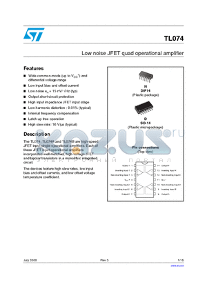 TL074ACN datasheet - Low noise JFET quad operational amplifier