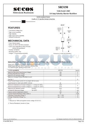 SR3150 datasheet - 3.0 Amp Schottky Barrier Rectifiers
