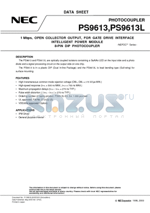 PS9613L-E4 datasheet - 1 Mbps, OPEN COLLECTOR OUTPUT, FOR GATE DRIVE INTERFACE INTELLIGENT POWER MODULE 8-PIN DIP PHOTOCOUPLER