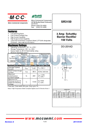 SR3150 datasheet - 3 Amp Schottky Barrier Rectifier 150 Volts