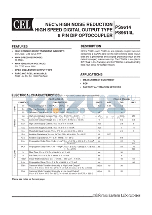 PS9614 datasheet - NECs HIGH NOISE REDUCTION HIGH SPEED DIGITAL OUTPUT TYPE 8 PIN DIP OPTOCOUPLER