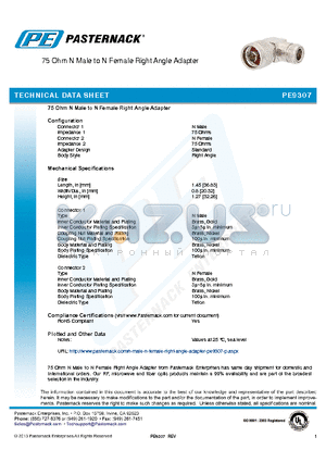 PE9307 datasheet - 75 Ohm N Male to N Female Right Angle Adapter