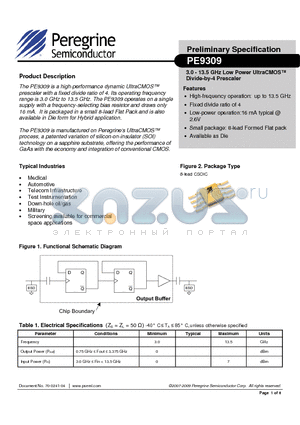 PE9309-00 datasheet - 3.0 - 13.5 GHz Low Power UltraCMOS Divide-by-4 Prescaler