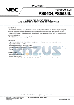 PS9634L datasheet - POWER TRANSISTOR DRIVING BASE AMPLIFIER BUILT-IN TYPE PHOTOCOUPLER