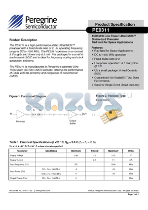 PE9311 datasheet - 1500 MHz Low Power UltraCMOS Divide-by-2 Prescaler Rad hard for Space Applications