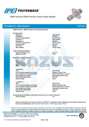 PE9312 datasheet - SMA Female to SMA Female 4 Hole Flange Adapter