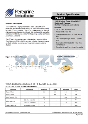 PE9313-EK datasheet - 1500 MHz Low Power UltraCMOS Divide-by-8 Prescaler Rad hard for Space Applications