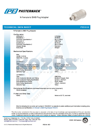 PE9316 datasheet - N Female to SMB Plug Adapter