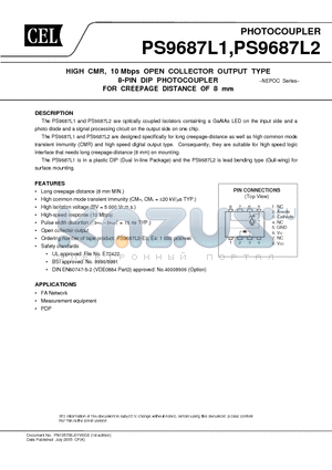 PS9687L2-E3-A datasheet - HIGH CMR, 10 Mbps OPEN COLLECTOR OUTPUT TYPE 8-PIN DIP PHOTOCOUPLER FOR CREEPAGE DISTANCE OF 8 mm