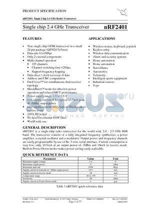 NRF2401-EVKIT datasheet - Single chip 2.4 GHz Transceiver