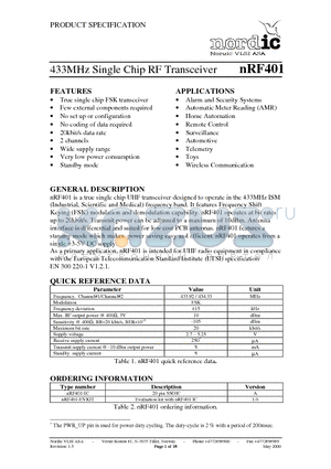 NRF401-IC datasheet - 433MHz Single Chip RF Transceiver