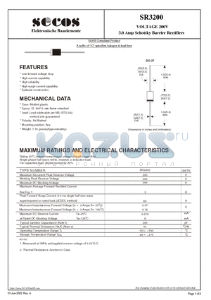 SR3200 datasheet - VOLTAGE 200V 3.0 Amp Schottky Barrier Rectifiers