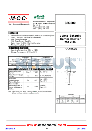 SR3200 datasheet - 3 Amp Schottky Barrier Rectifier 200 Volts