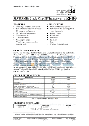 NRF403-IC datasheet - 315/433 MHz Single Chip RF Transceiver