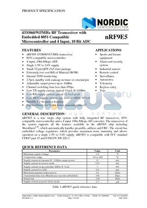 NRF9E5 datasheet - 433/868/915MHz RF Transceiver with Embedded 8051 Compatible Microcontroller and 4 Input, 10 Bit ADC