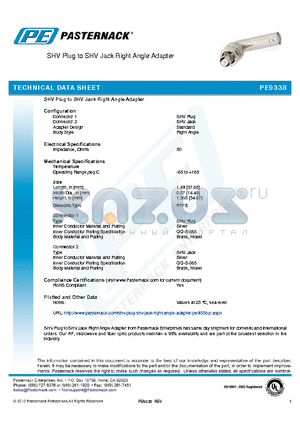 PE9338 datasheet - SHV Plug to SHV Jack Right Angle Adapter