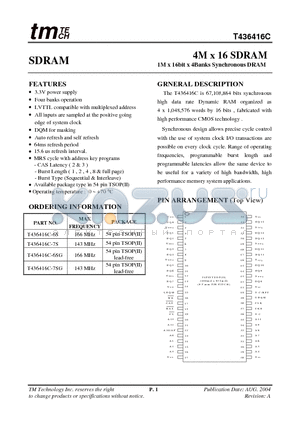 T436416C-7S datasheet - 4M x 16 SDRAM 1M x 16bit x 4Banks Synchronous DRAM