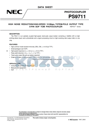 PS9711-F3 datasheet - HIGH NOISE REDUCTION/HIGH-SPEED 10 Mbps, TOTEM-POLE OUTPUT TYPE 5-PIN SOP TOM PHOTOCOUPLER