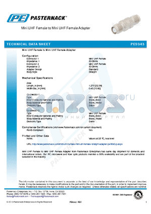 PE9343 datasheet - Mini UHF Female to Mini UHF Female Adapter