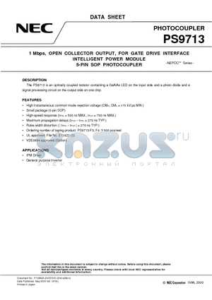 PS9713 datasheet - 1 Mbps, OPEN COLLECTOR OUTPUT, FOR GATE DRIVE INTERFACE INTELLIGENT POWER MODULE 5-PIN SOP PHOTOCOUPLER