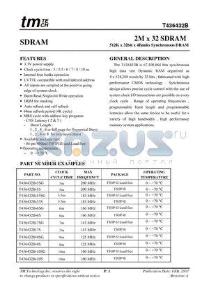 T436432B-10S datasheet - 2M x 32 SDRAM 512K x 32bit x 4Banks Synchronous DRAM